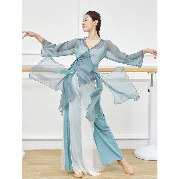 Áo tập múa cổ trang Trung Hoa dáng dài buộc dây A4514