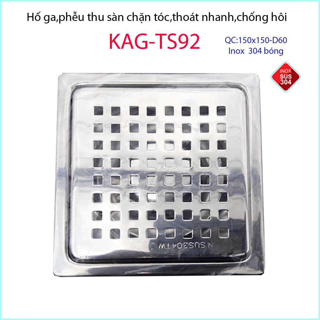 Phễu thoát sàn 15x15cm KAG-TS92 (D6cm)  inox 304, hố ga thoát sàn khách sạn cho ống D60mm mặt caro chống mùi hôi