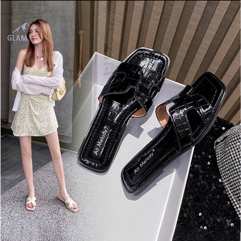 Hàng sẵn giao ngay Dép lê nữ Chữ H da rắn màu đen trơn hàng loại đẹp full size 36-39