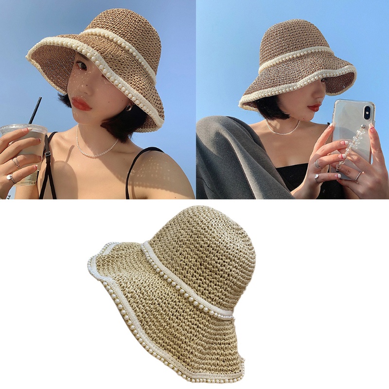 Han Chic Mũ Rơm Chống Nắng Đính Hạt Ngọc Trai Gấp Gọn Được Cho Đi Du Lịch Bãi Biển Giảm Tia UV Harm