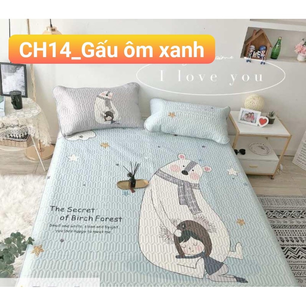 Chiếu điều hòa tencel,chiếu cao su non 5D,gồm 1 chiếu kèm 2 vỏ gối mẫu lá to xanh