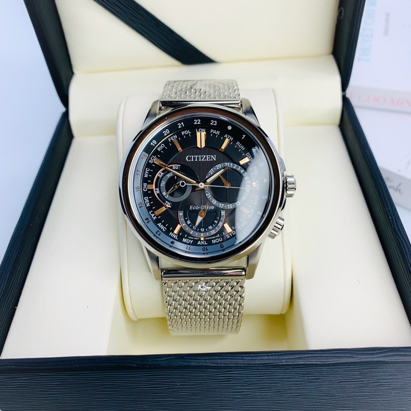 ĐỒNG HỒ NAM CHÍNH HÃNG CITIZEN BU2020-70E Eco-Drive Men's World Time Black Dial Mesh Band