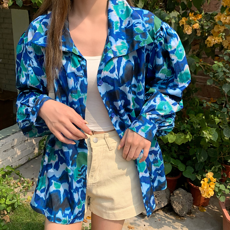 SUXI Áo sơ mi tay dài in hoa phong cách vintage Pháp xinh xắn cho nữ