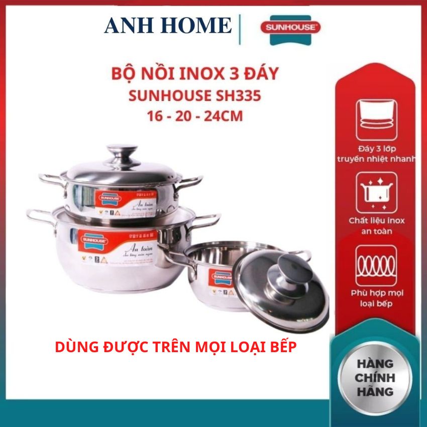 ( HCM - SHIP 2H ) Bộ nồi inox 3 đáy bếp từ SH335 SUNHOUSE 16cm 20cm 24cm chất liệu inox sáng bóng cao cấp không han gỉ
