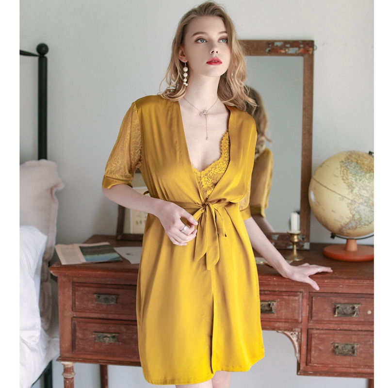 Set Đầm Ngủ Hai Dây Phối Ren Và Áo Choàng Quyến Rũ Cho Nữ