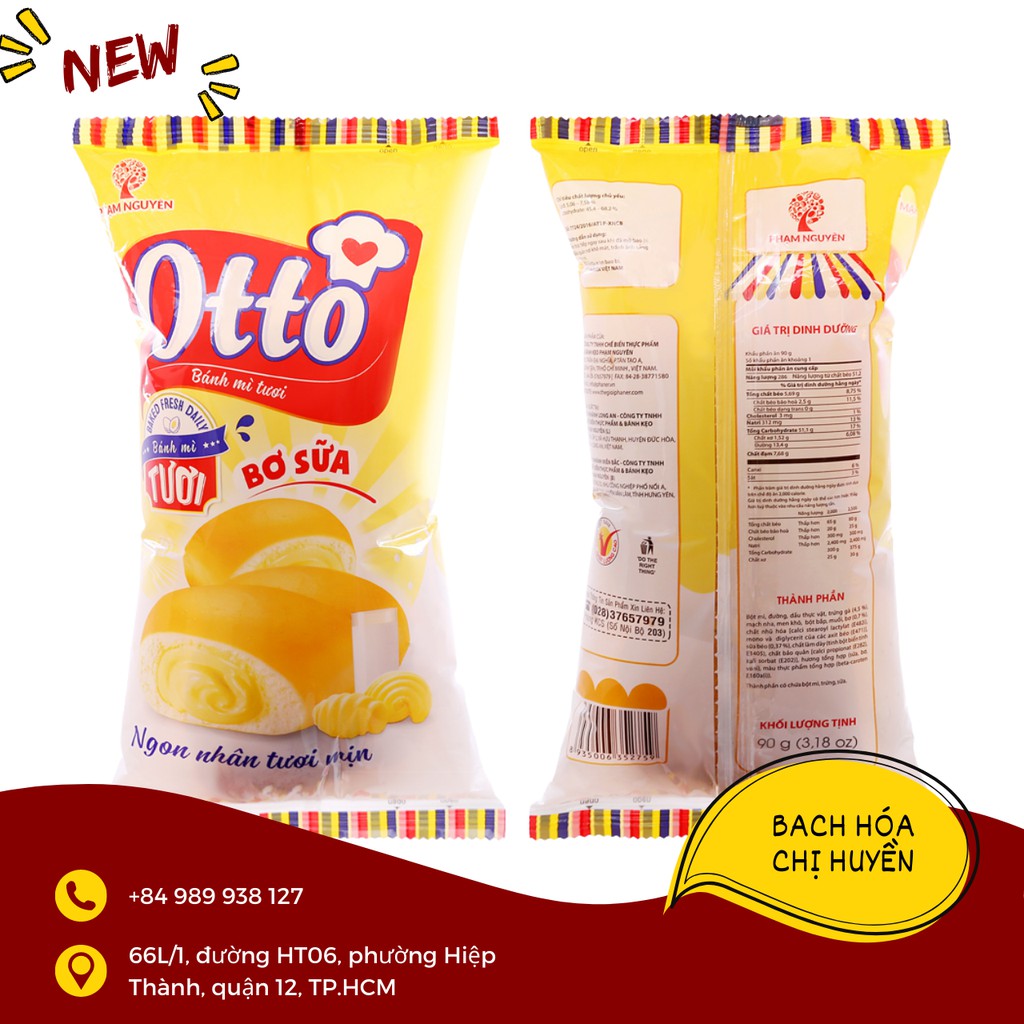 Bánh mì tươi nhân socola/ bơ sữa/ sữa hột gà Otto gói 90g