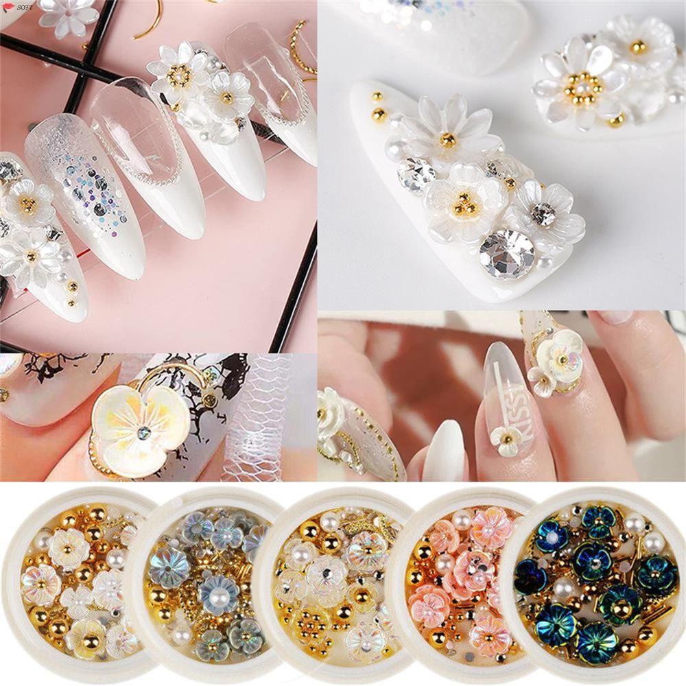 Hạt đá lưng phẳng trang trí móng tay hình hoa vỏ sò 3D bằng kim loại bắt mắt