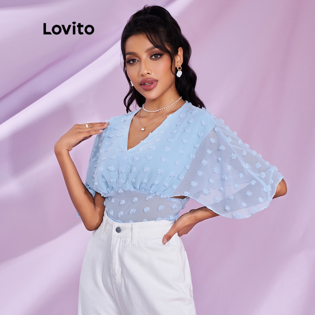 Lovito STIPPLING WORLD bình thường Tay ngắn cổ chữ V Áo L28LE052 (Xanh Nhạt)