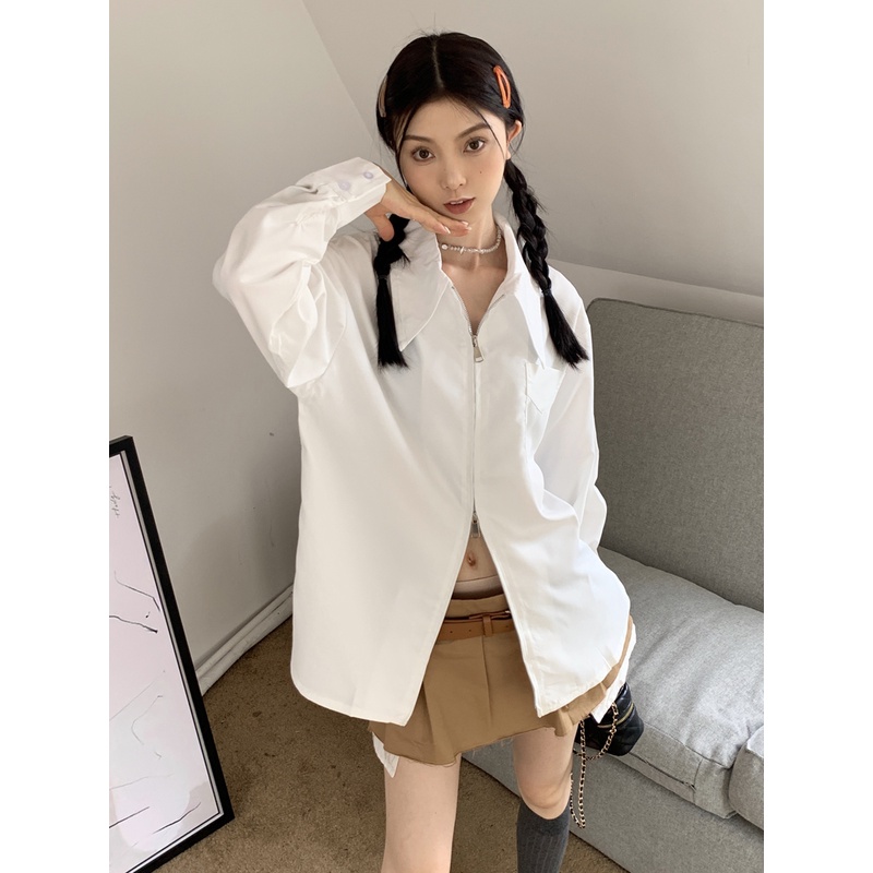 Ethelgirl Áo sơ mi tay dài dáng rộng thời trang Hàn Quốc cho nữ