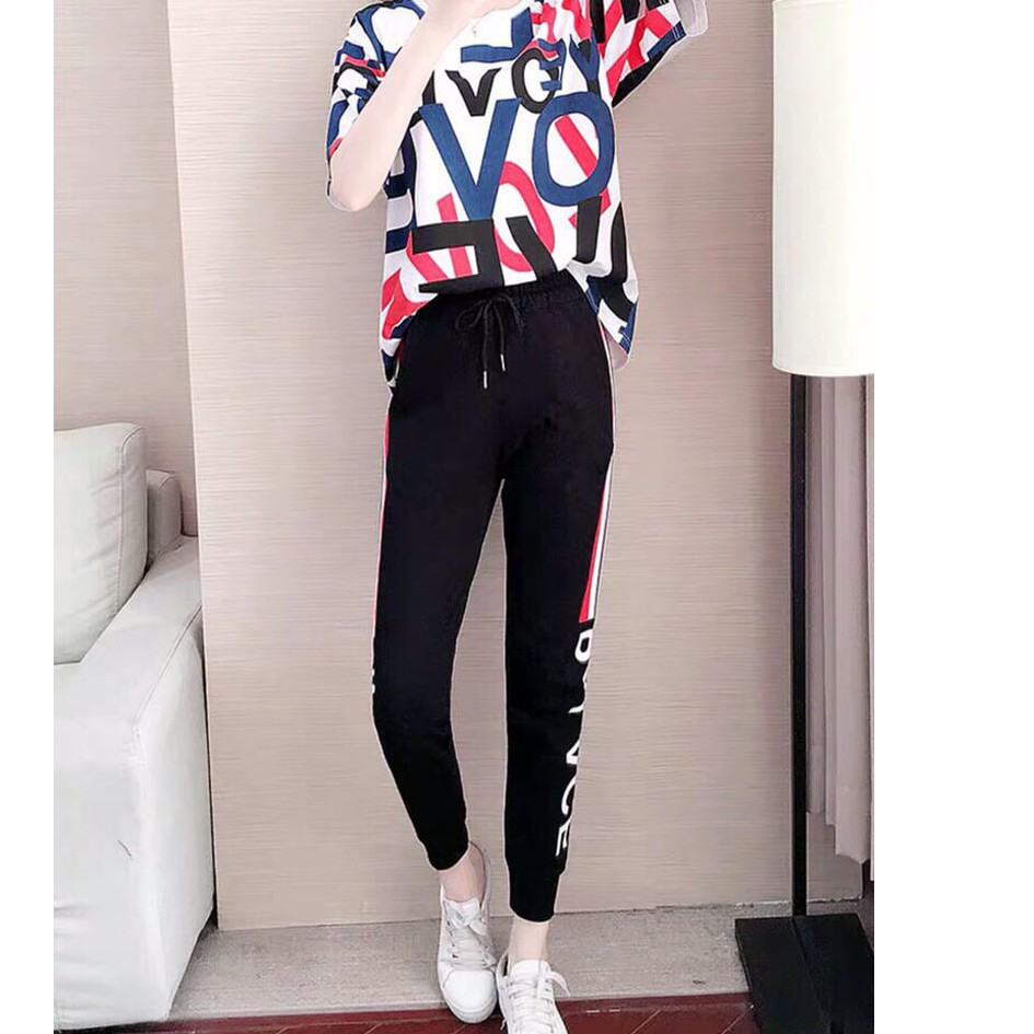 Bộ Thể Thao Hoạ tiết Chữ Màu Năng Động - Set Bộ Thun Nhập Cao Cấp Tay Ngắn Quần Dài Cho Nàng Yêu Vận Động