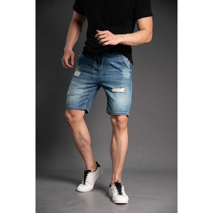 Quần Short Jean Nam Cạp Chun Rách H90 Chất Bò Co Giãn Ống Đứng J017