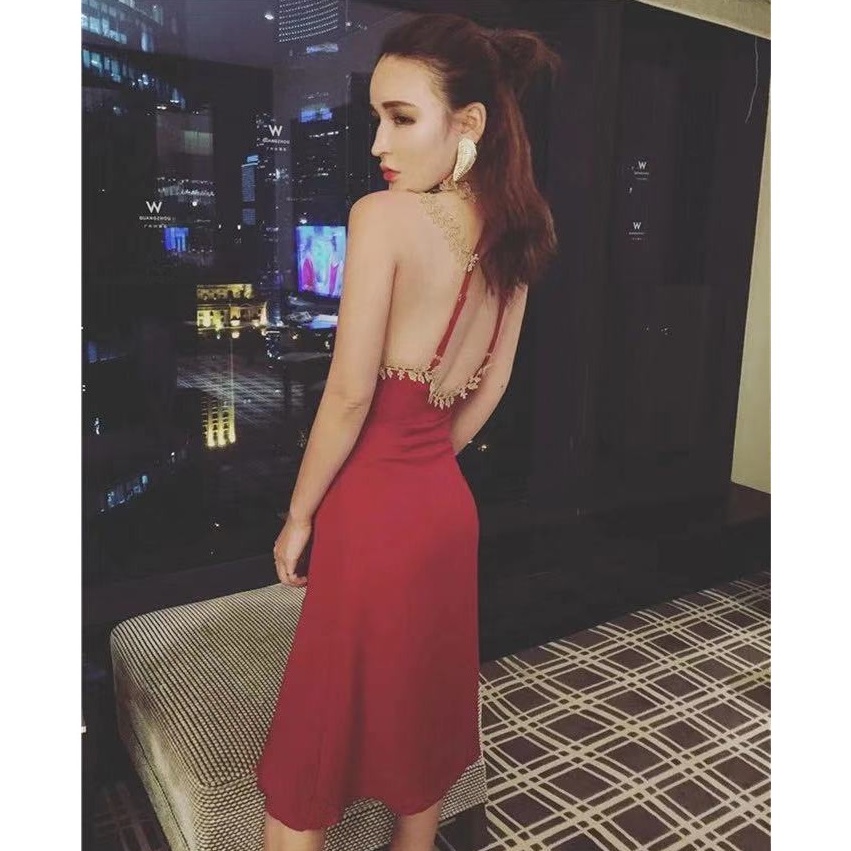 Đầm sexy hở lưng màu đỏ hai quai thêu hoa xẻ đùi đi bar đi biển cực rẻ TV031