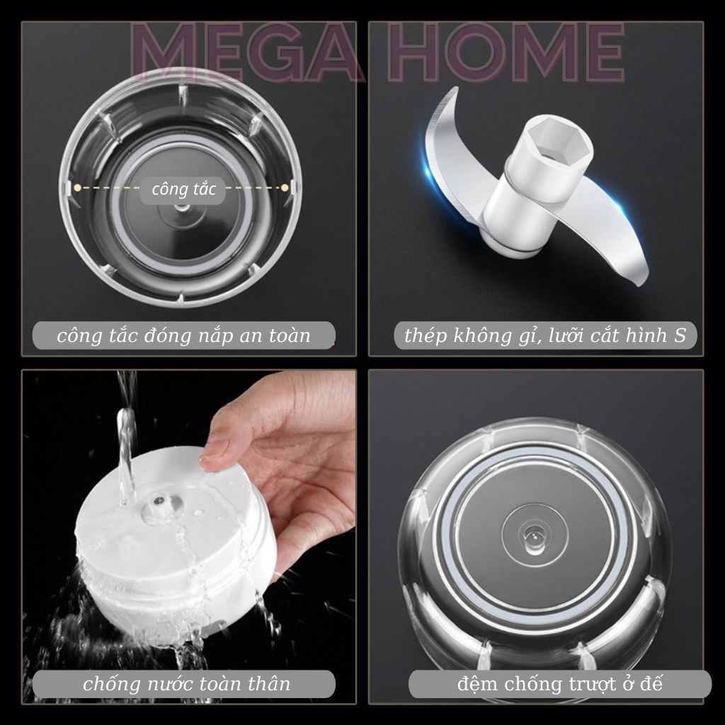 Máy xay tỏi ớt rau quả mini cầm tay, pin sạc công tắc cảm biến đóng mở nắp an toàn