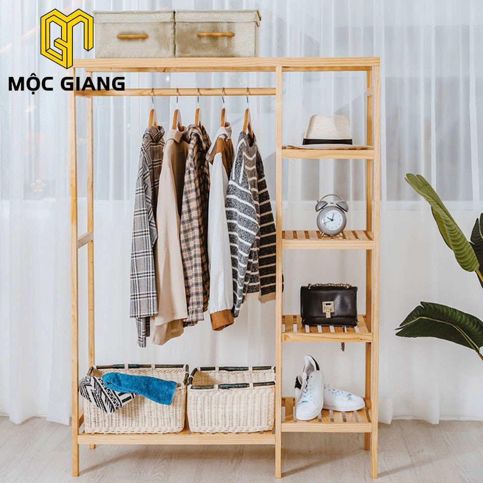 Giá Treo Quần Áo 2 Ngăn Gỗ Thông - Tủ Quần Áo Thông Minh Kiểu Hàn - Double Hanger Mộc Giang