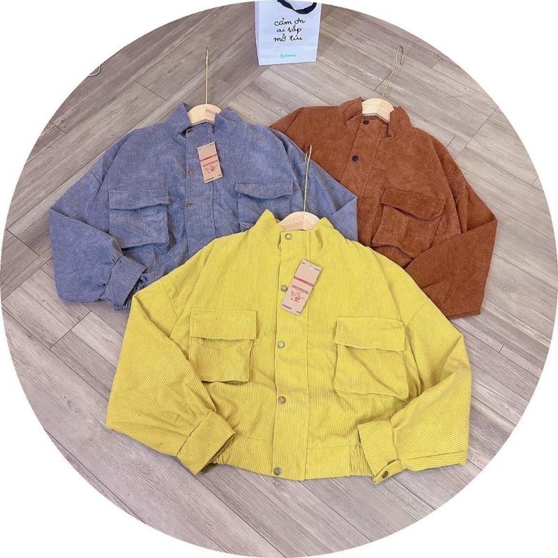 Áo khoác lửng croptop kaki nhung gân 1 lớp không nón túi hộp nút bấm unisex ulzzang nam nữ