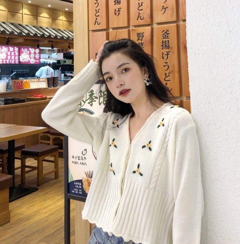 Áo Khoác Cardigan Cổ Chữ V Thêu Họa Tiết Phong Cách Retro Hàn Quốc Cho Nữ Giới