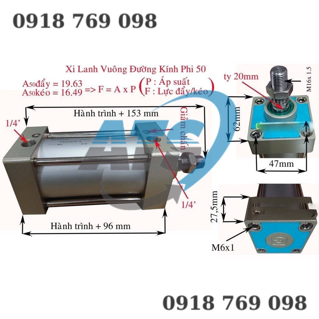 Xi lanh vuông khí nén SC 50 hành tình từ 25-800
