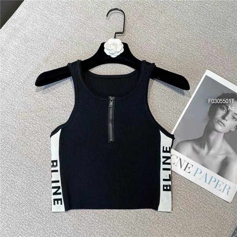 Áo len croptop cổ khóa kéo eo phối viền chữ hai bên sát nách 0522