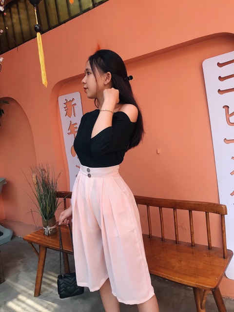 Quần váy midi ống rộng, phối thun sau lưng, kèm hình thật
