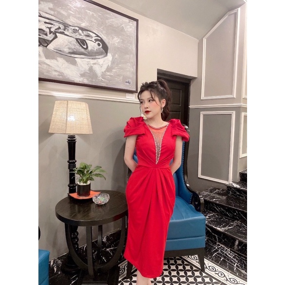 Đầm dự tiệc body đuôi cá tay xếp ly cao cấp TẶNG KÈM HOA TAI THỜI TRANG