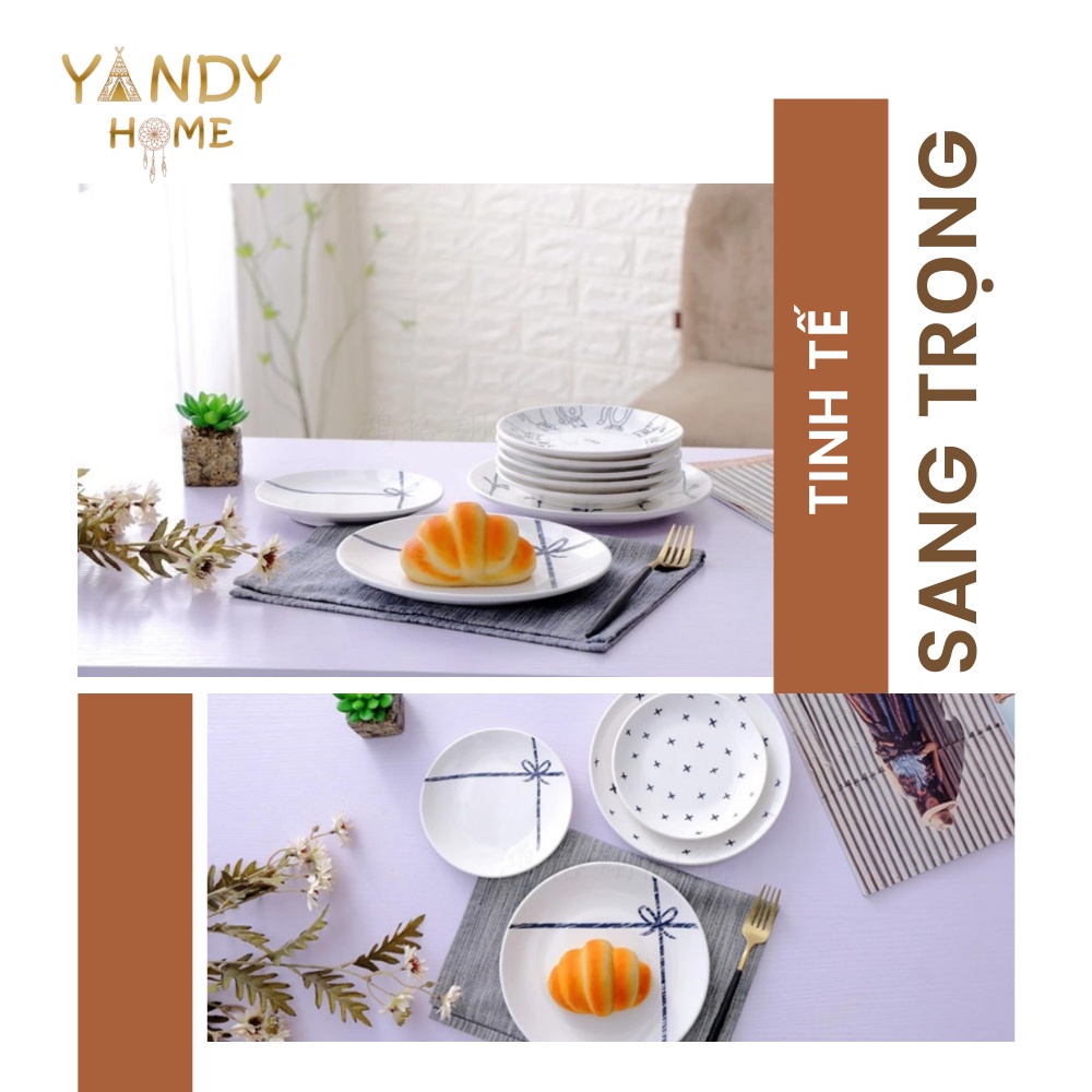 Đĩa gốm sứ YANDY HOME D04 hình tròn dĩa gốm màu trắng chữ cái trái tim men bóng đẹp dùng được trong lò vi sóng