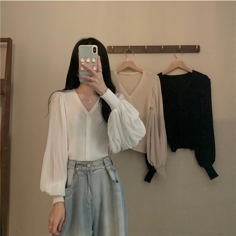 Áo chiffon dệt kim tay dài dáng ôm dễ phối đồ thời trang