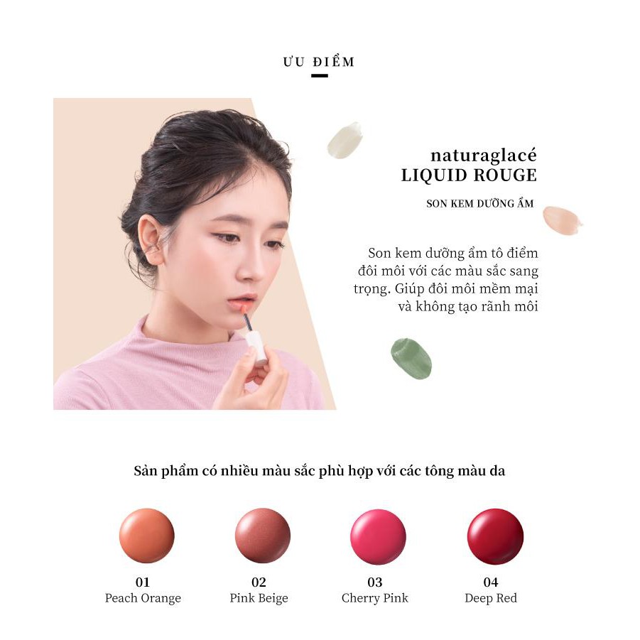 Son kem hữu cơ naturaglacé Liquid Rouge dưỡng ẩm mềm môi, Màu 02 - Pink Beige, 5.2g