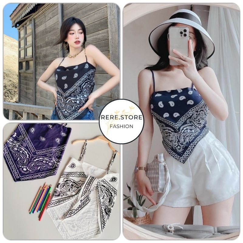 Áo Croptop Nữ Hai Dây Thổ Cẩm 1 Lớp - Rere.Store [FREESHIP] - Thun 2s thắt nơ lưng dáng ôm body kiểu dáng trendy Ulzzang