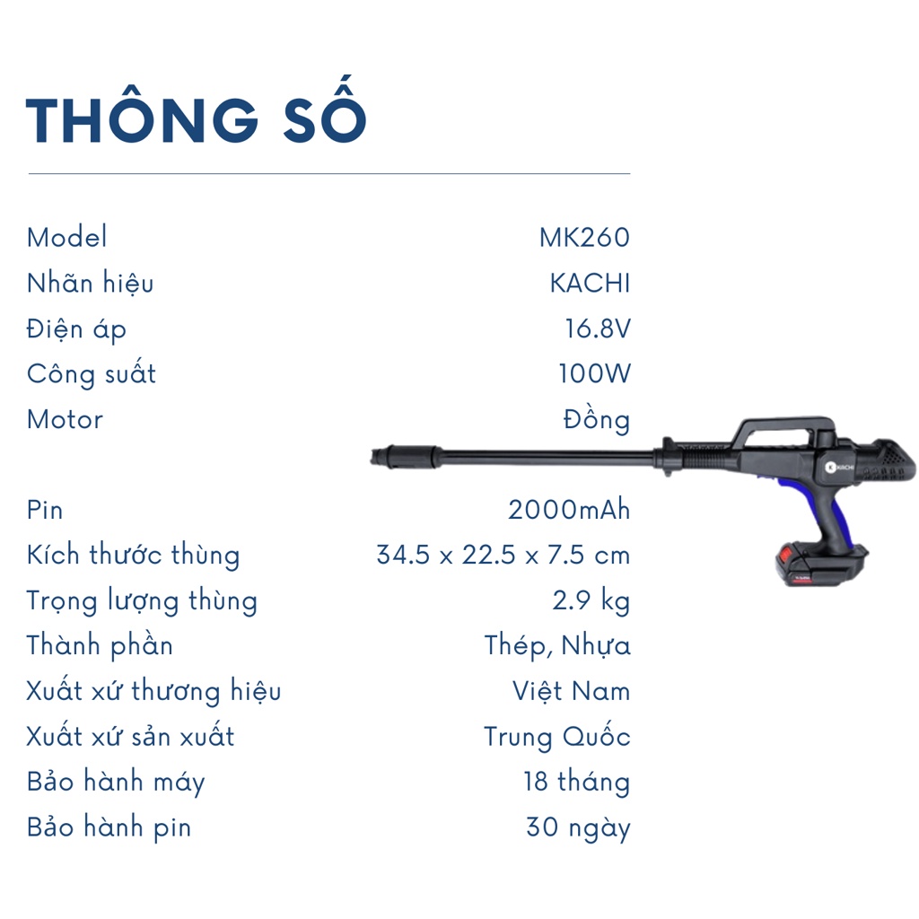  Máy Xịt Rửa Xe Di Động Không Dây Dùng Pin Kachi MK260