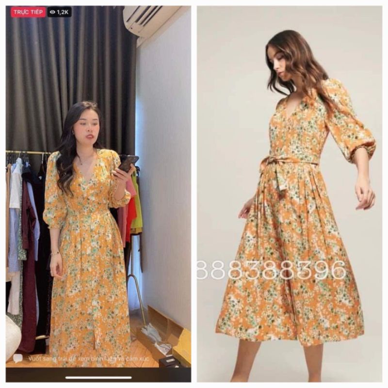 Váy hoa vàng thắt eo hàng AUTHENTIC