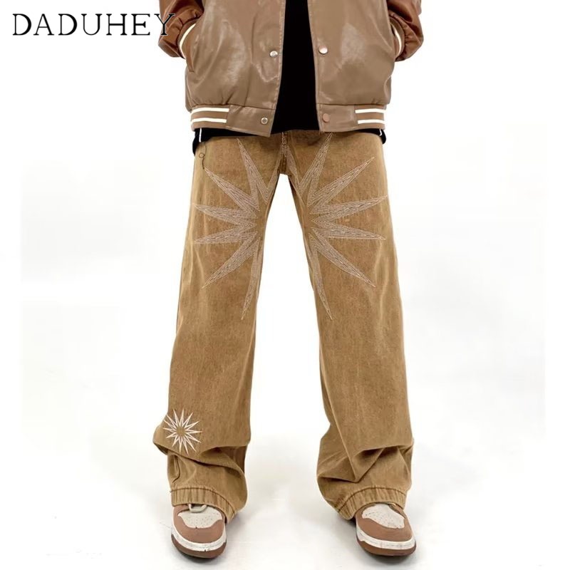DaDuHey Men's Fashionable High Street Star Embroidery Jeans Ins Fashionable Brand and Loose Straight Casual Pants