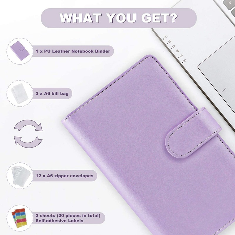 Pu Túi Da Pu 6 Lỗ + 12 A6 Có Khóa Kéo + 2 Túi Giấy Dán Dùng Để Đựng Sổ Tay Tiện Dụng