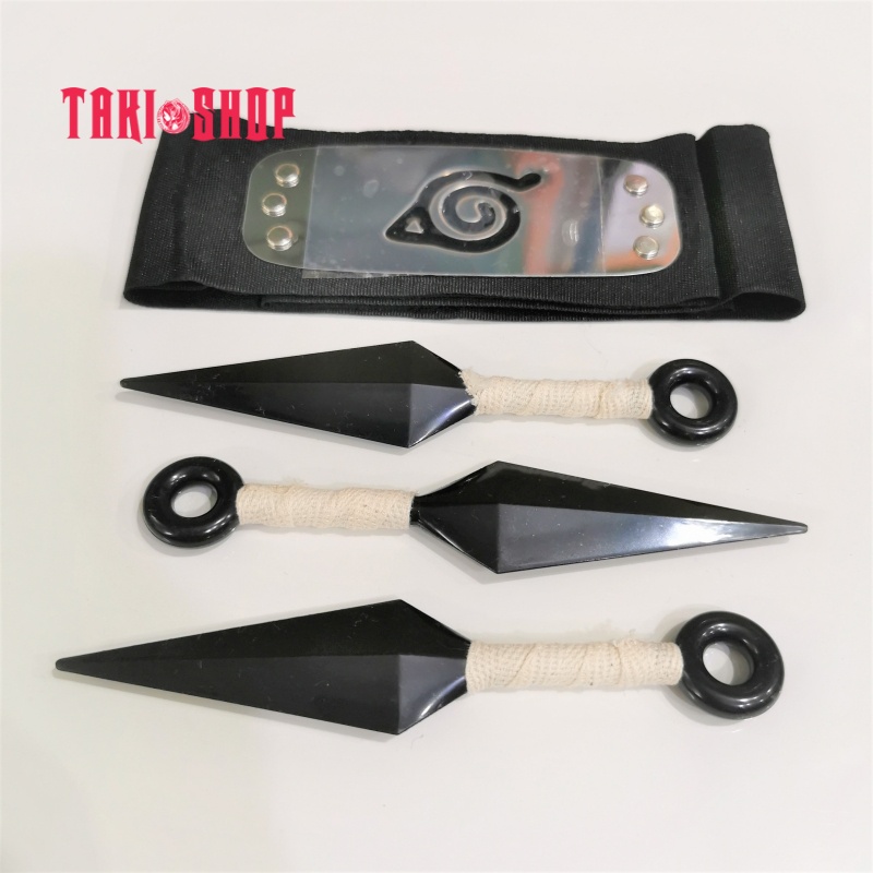 Bộ 4 Món: 3 Phi Tiêu Nhựa Kunai Naruto (Dây Trắng) - Băng Trán Làng Lá