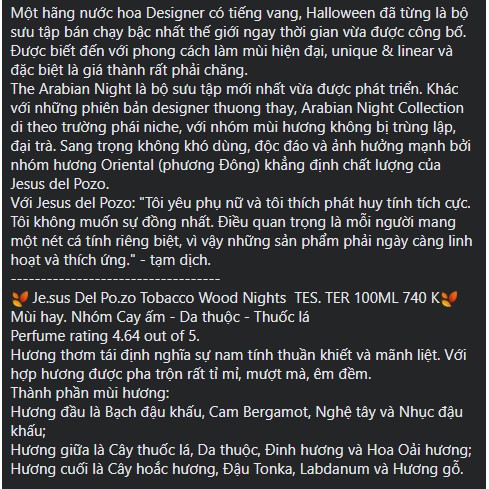 Bi K Shop - Nước hoa nam Tobacco Wood Nights Jesus Del Pozo [Mẫu thử]