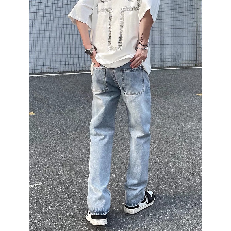 Quần Jean Xanh Ống Suông Rộng Thêu Chữ Unisex Nam Nữ Chất Dày Dặn