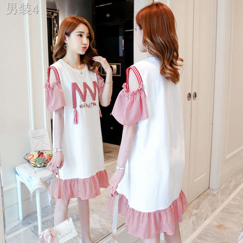 ☃Váy bầu đỏ lưới mùa hè bà mới thời trang suông dài sọc cotton