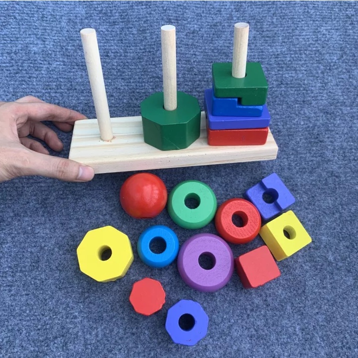 Đồ chơi gỗ thông minh thả gỗ 3 cọc hình khối cho bé đồ chơi montessori , thông minh luyện phản xạ và tư duy - Guty Kids