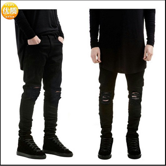 High Street Tide Brand Pure Black Slim Pants Elastic Jeans Men's Slim Ripped Jeans