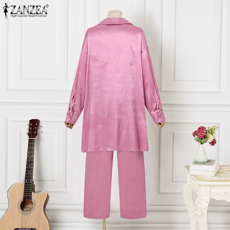 ZANZEA Set Áo Sơ Mi Dài Tay Cổ Bẻ + Quần Dài Lưng Thun Thời Trang Nữ