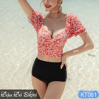 Bikini áo tắm 2 mảnh cạp cao, croptop hoa nhí có sẵn đệm ngực nâng đẩy tôn vòng 1, tay bèo xinh xắn dấu bắp tay | KT061