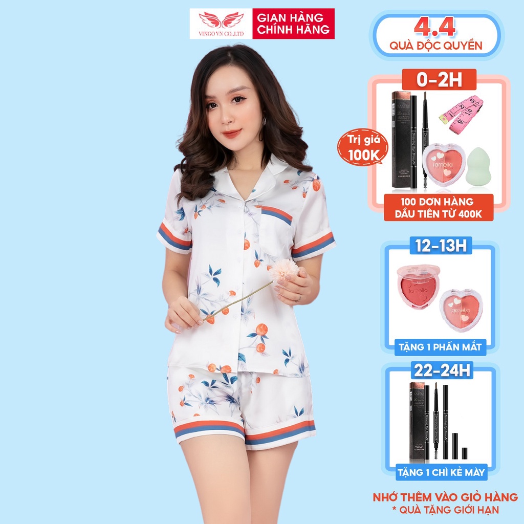 Bộ Pyjama Mặc Nhà VINGO Lụa Pháp Tay Cộc Quần Cộc Vingo Họa Tiết Dâu Hồng Trẻ Trung Hiện Đại H466 VNGO - TCQC