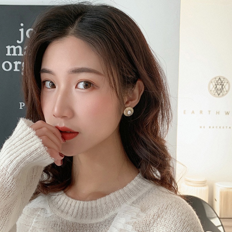 Bông Tai Hình Tròn Đính Ngọc Trai Hình Hoa Phong Cách Hàn Quốc Cho Nữ