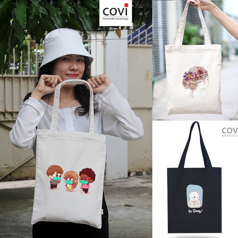 Túi tote, đeo vai, đeo chéo, túi vải canvas,vải bố Hàn Quốc có khóa kéo thời trang COVI màu mộc, đen T5