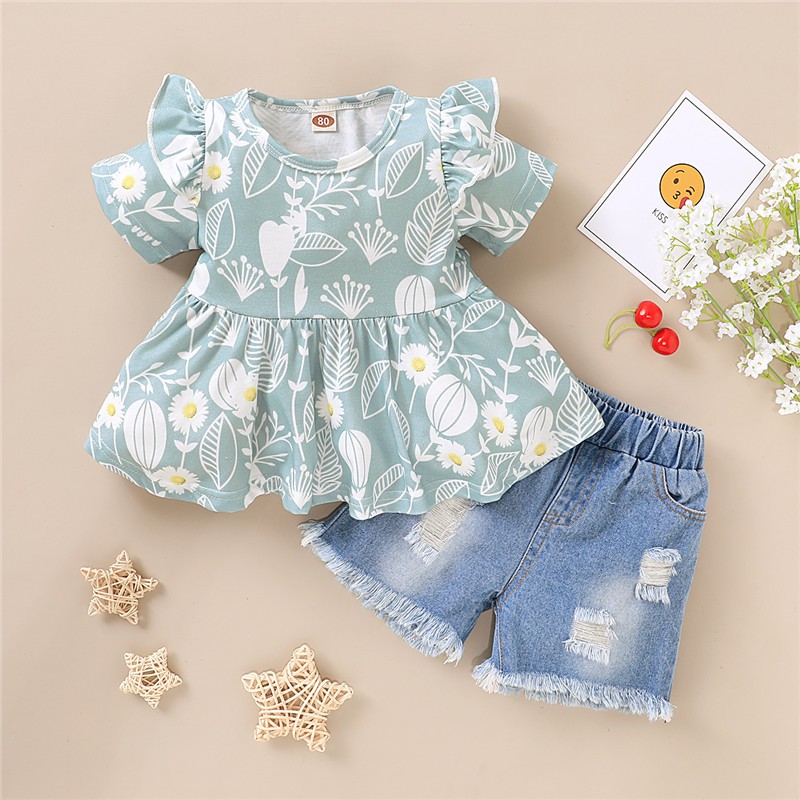 [Mã FACBGO245 giảm 10K đơn bất kì] Mikrdoo Set áo kiểu ngắn tay + quần denim cho bé gái