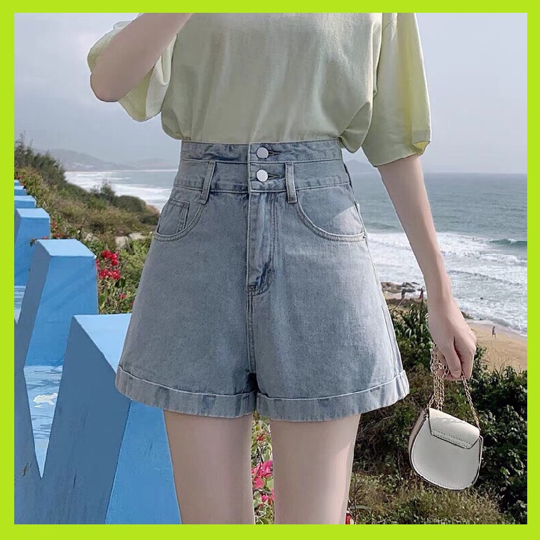 Quần sooc ngố bò jean nữ ống suông rộng short jean cạp cao phong cách Hàn Quốc