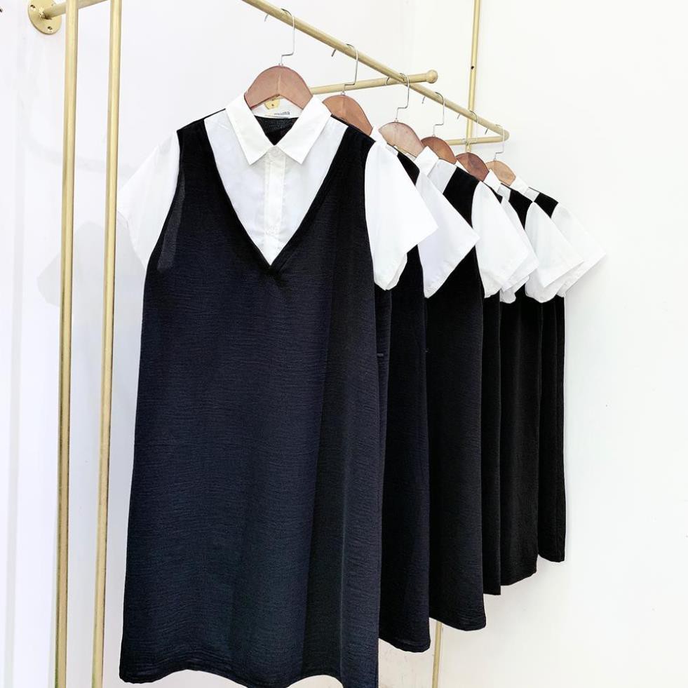 [BÁN SỈ] Đầm váy bầu công sở 2MAMA dáng suông thiết kế sơ mi pha màu đen trắng V44 Đẹp ⚡ *