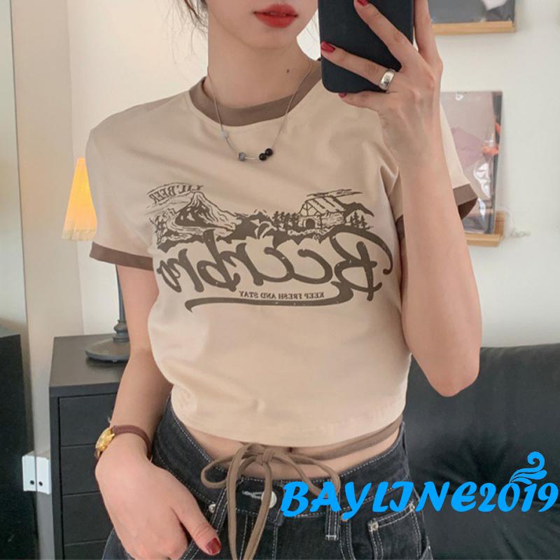 Áo Thun Ngắn Tay Dáng Rộng In Chữ Phối Dây Cột Thời Trang Mùa Hè Cho Nữ