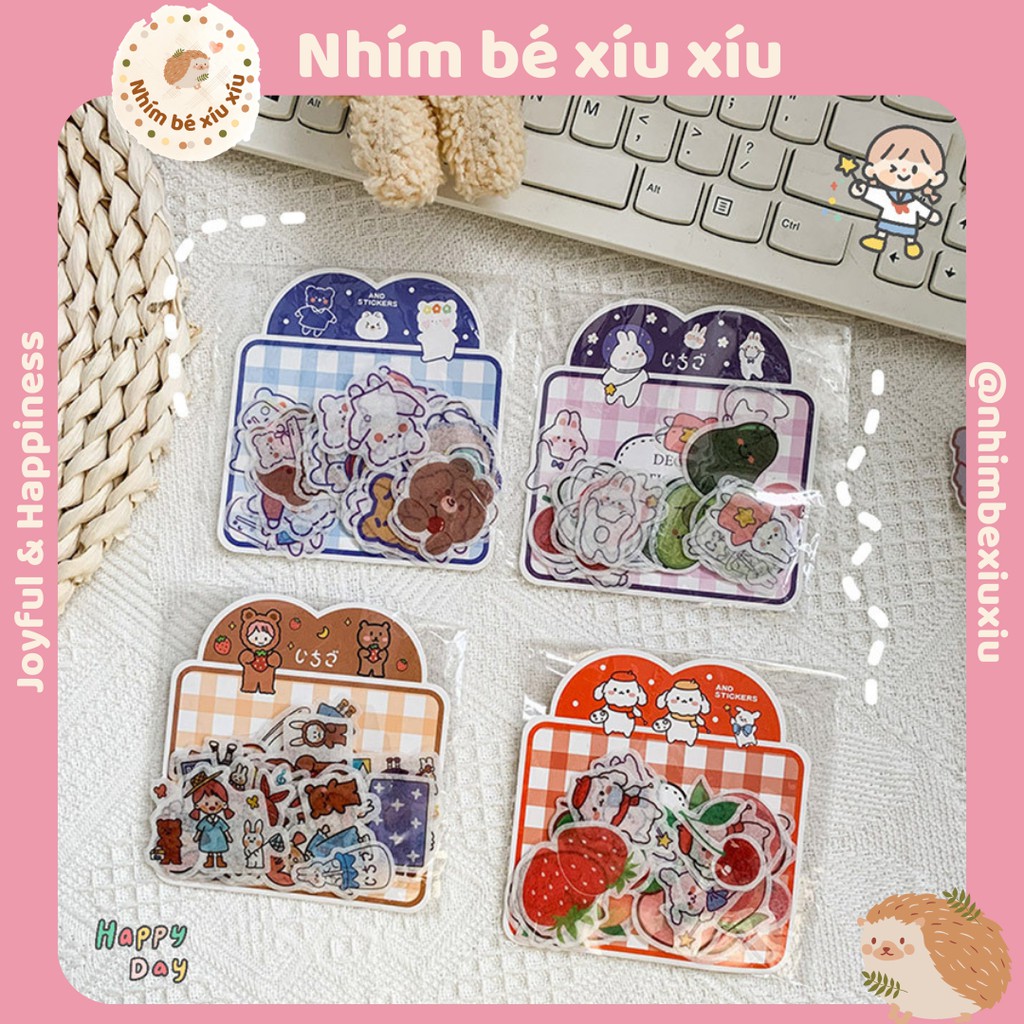 40 miếng sticker hình dán gấu thỏ, hoa quả, cô bé cậu bé Nhật Bổn