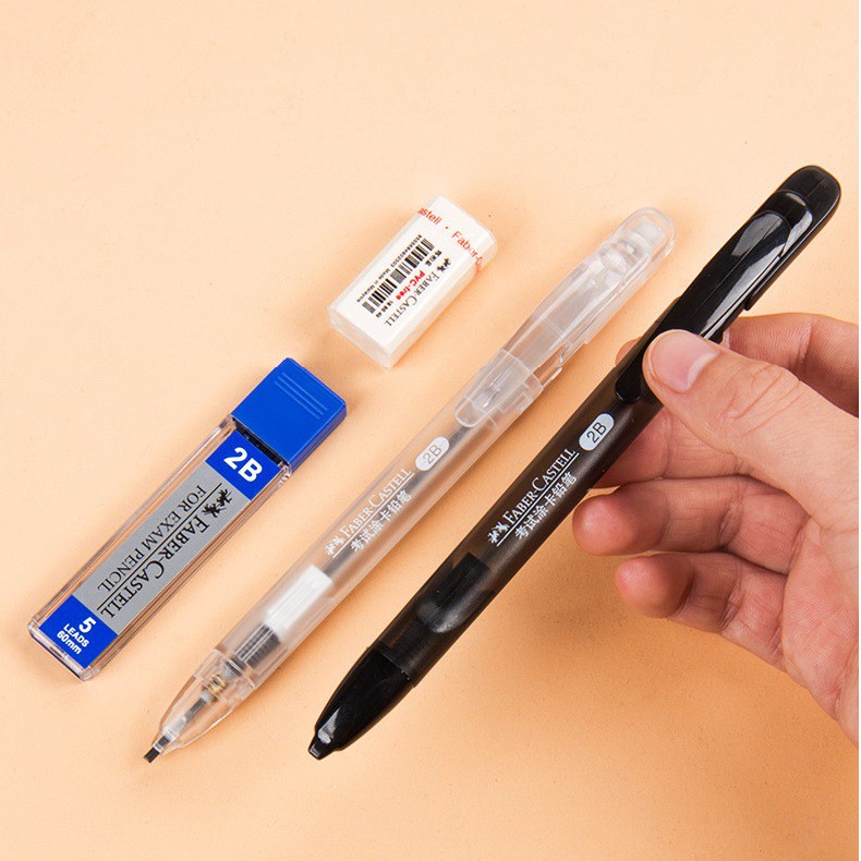 Dụng cụ học tập Faber Castell set 3 món gồm tẩy, hộp ngòi đầu dẹt, bút chì bấm mang đi thi, phác thảo, kí họa tranh