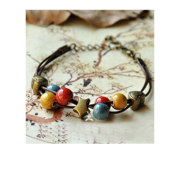 Vòng tay gốm thời trang Vintage 3 dây VGOM23 (Giao mầu ngẫu nhiên)